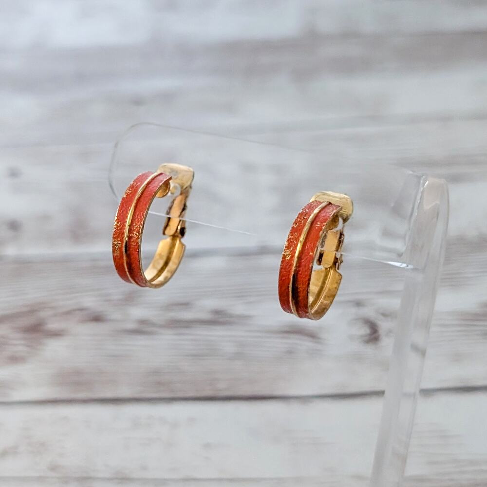Vintage Clip On Earrings Orange & Gold Tone Hoops - Paint Chipping